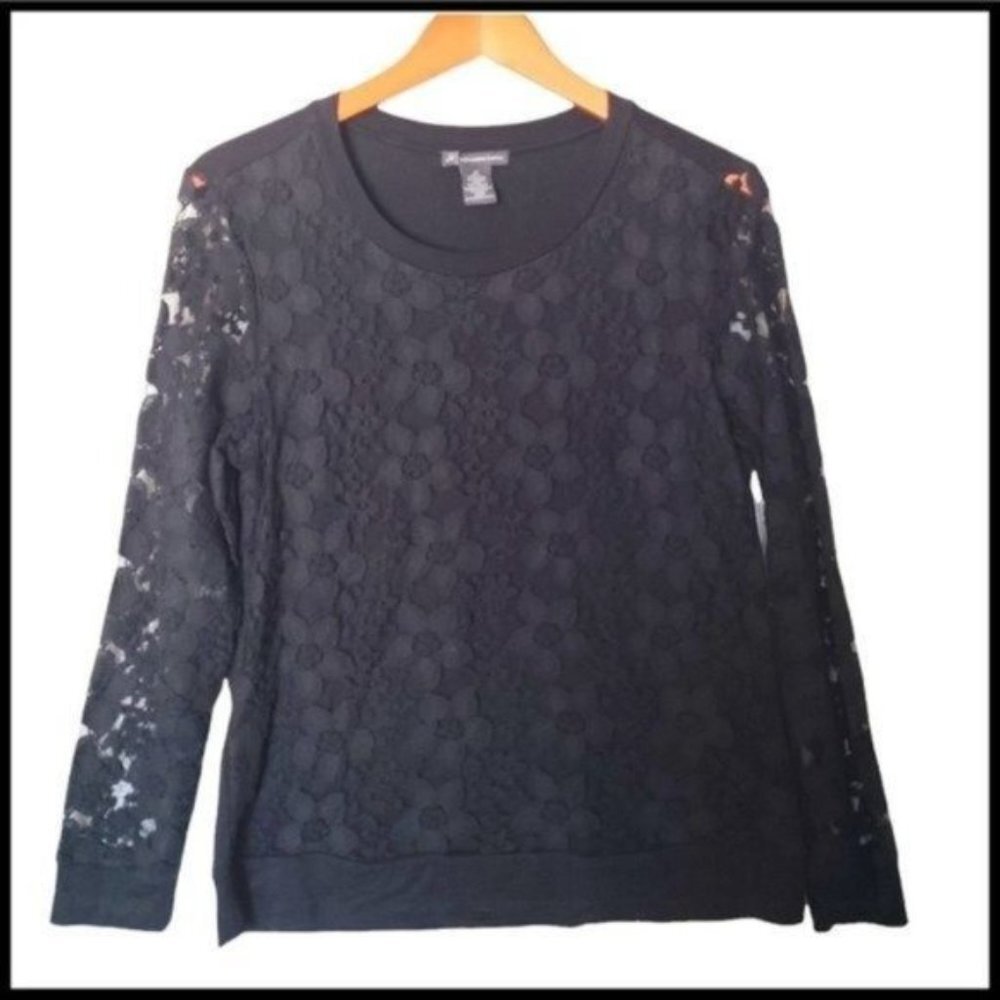 Adrianna Papell Women's Top Black Lace Front Long Sleeve Shirt Size M Medium